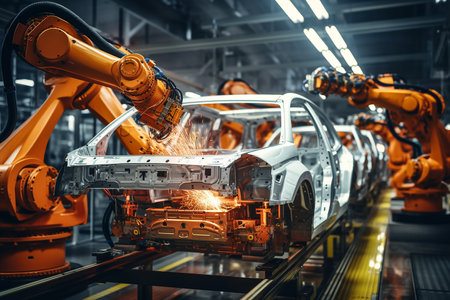 Generative AI Image of Robotic Machinery Technology with Car Steel Welding in Factoryの素材