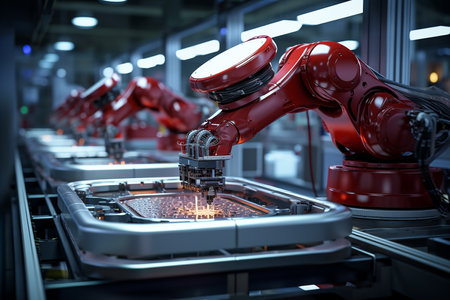Generative AI Image of Red Robotic Machinery Arm with Smart System in Electronic Industryの素材
