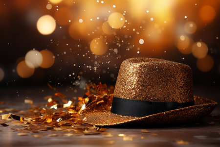 Generative AI Image of New Year with Golden Hat and Confetti on Bokeh Lights Backgroundの素材