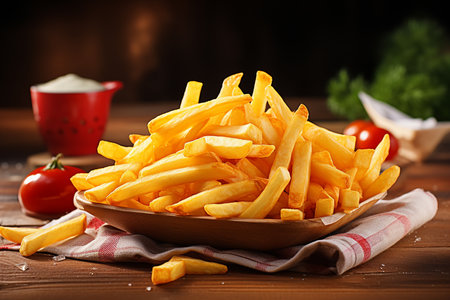 Generative AI Image of French Fries Snack in Wooden Plateの素材