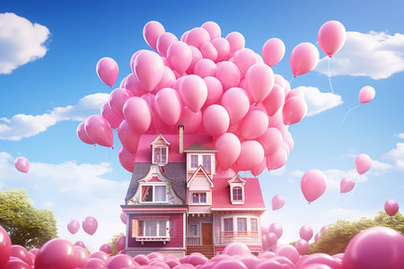 Generative AI Image of Hyper Realistic Illustration of Beautiful House Building Flying with Pink Balloonsの素材