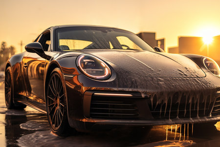 Generative AI Image of Fancy Black Car Washed with Foamy Soap Waterの素材