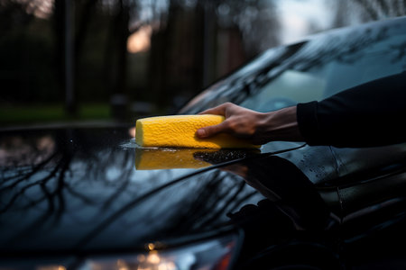 Generative AI Image of People Cleaning a Black Car with Spongeの素材