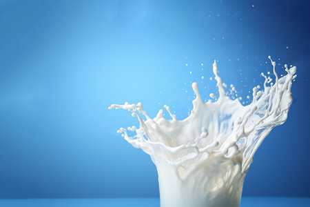 Generative AI Image of Splash of Fresh White Milk with Blank Space on Blue Backgroundの素材