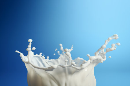Generative AI Image of Splash of Fresh White Milk with Blank Space on Blue Backgroundの素材