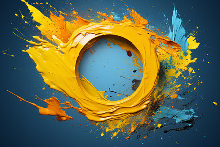 Generative AI Image of Circle Frame with Abstract Yellow Orange Paint on Blue Backgroundの素材
