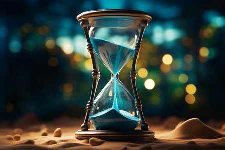 Generative AI Image of Magical Hourglass Timer with Blue Sand on Bokeh Lights Backgroundの素材