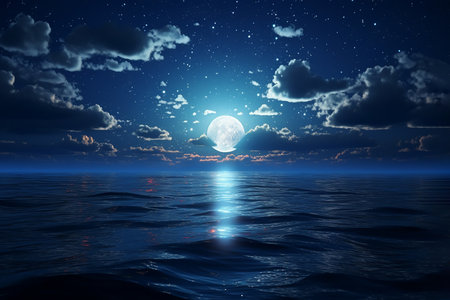 Generative AI Image of Ocean Nature Landscape with Full Moon at Nightの素材