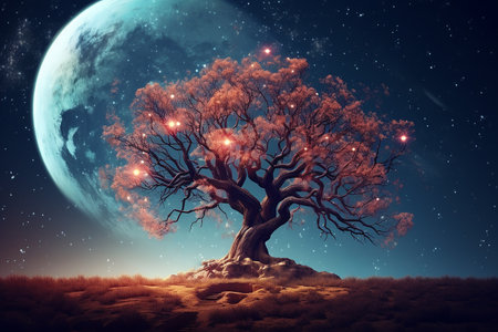 Generative AI Image of Magical Tree with Big Full Moon in the Sky at Nightの素材