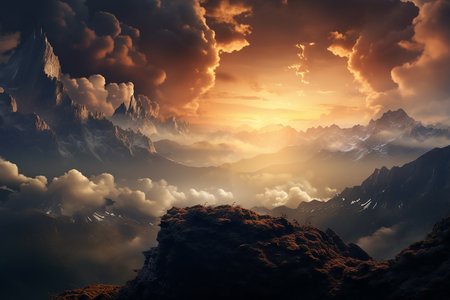 Generative AI Image of Rocky Mountains Landscape with Clouds in the Sky at Sunsetの素材