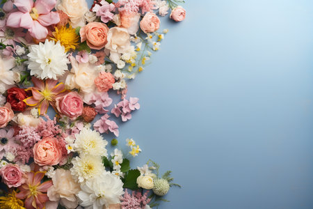 Generative AI Image of Spring Flowers Decoration with Blank Space on Blue Backgroundの素材