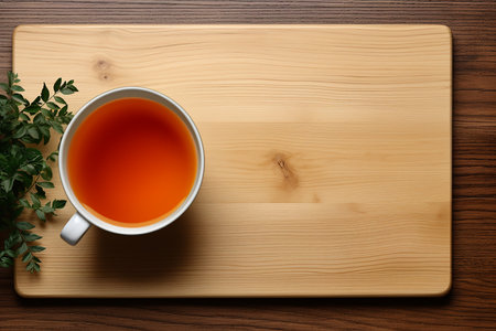 Generative AI Image of Aromatic Tea Drink in Cup with Blank Space on Wooden Backgroundの素材