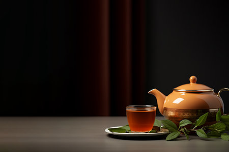 Generative AI Image of Aromatic Tea Drink with Blank Space on Black Backgroundの素材