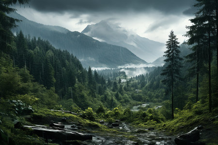 Generative AI Image of Hills Mountains Nature Landscape During Heavy Rainの素材