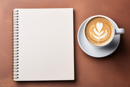 Generative AI Image of Empty White Book with Coffee Drink on Brown Backgroundの素材