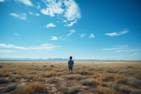 Generative AI Image of Little Boy Standing on the Prairie with Nature Landscape in Summerの素材