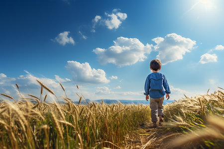 Generative AI Image of Little Boy Walking on the Prairie in Summerの素材