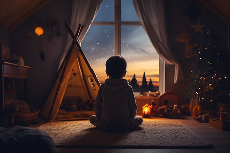 Generative AI Image of Introverted Little Boy Sitting Alone in Room Looking at Windowの素材