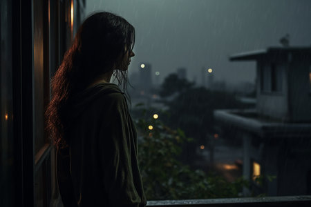 Generative AI Image of Girl with Sad Expression Standing on Rooftop During Rainの素材