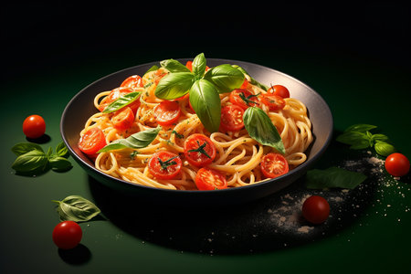 Generative AI Image of Spaghetti Pasta Noodles with Tomatoes in a Black Plateの素材