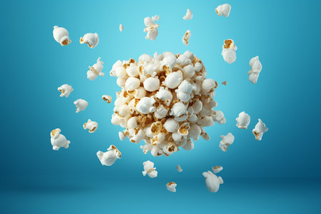 Generative AI Image of Popcorn Snack Ball on Blue Backgroundの素材