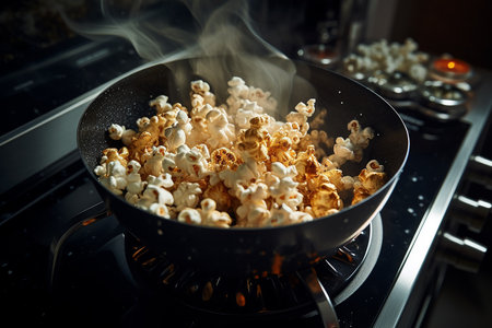 Generative AI Image of Popcorn Snack Cooked in a Wok on the Stoveの素材