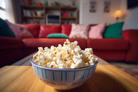 Generative AI Image of Crunchy Popcorn Snack in a Bowl at Homeの素材
