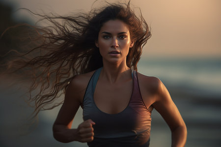 Generative AI Image of Beautiful Woman Running on the Beachの素材