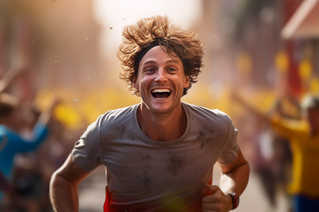 Generative AI Image of a Man with Happy Expression Running in a Marathon Competitionの素材