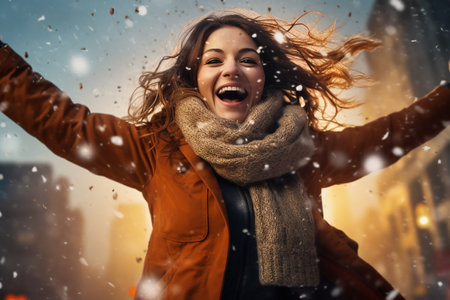 Generative AI Image of Woman with Happy Expression Jumping in the Air with Winter Snowの素材