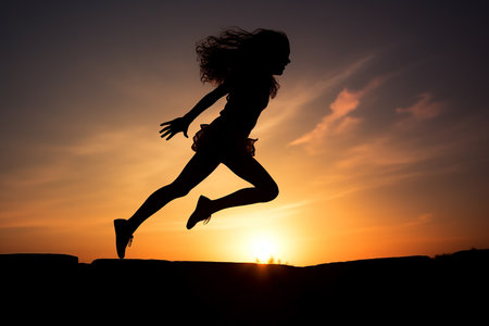 Generative AI Image of Silhouette of Girl Jumping in Field at Sunsetの素材