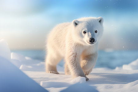 Generative AI Image of Cute Baby Polar Bear Walking on Frozen Ice in Winterの素材