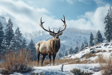 Generative AI Image of Horned Elk Animal Standing in Forest During Winter Seasonの素材