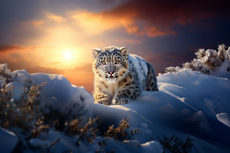Generative AI Image of Snow Leopard Resting on Frozen Ice at Sunsetの素材