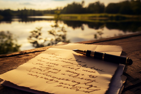 Generative AI Image of Handwritten Love Letter on Ancient Paper with River Lake Viewの素材
