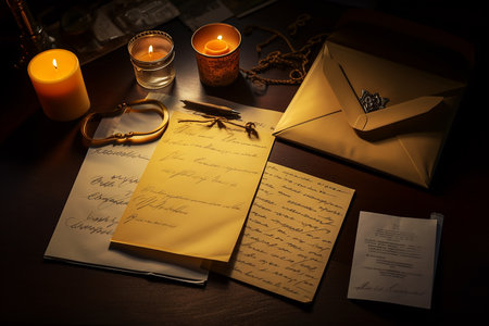 Generative AI Image of Handwritten Love Letter on Papers with Envelope on Wooden Tableの素材