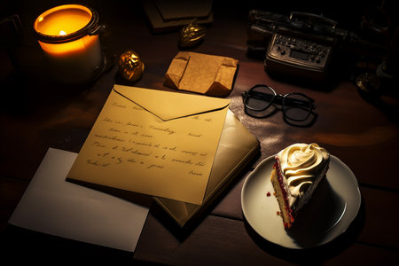 Generative AI Image of Paper Envelope with Handwritten Letter on Wooden Tableの素材