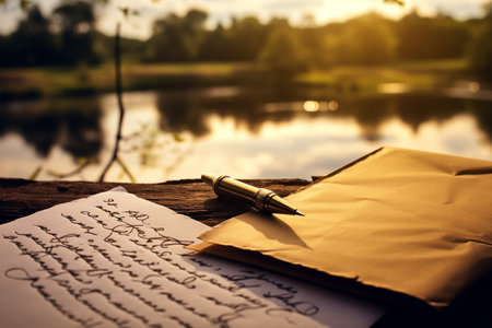 Generative AI Image of Handwritten Love Letter on Paper with Lake Viewの素材