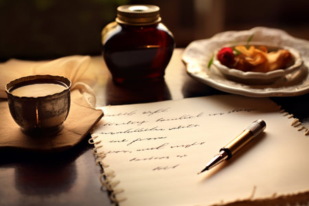 Generative AI Image of Handwritten Love Letter on Paper with Pen on Wooden Tableの素材