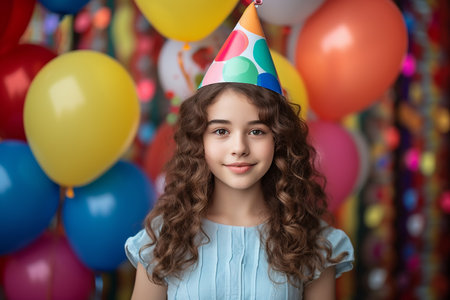 Generative AI Image of Beautiful Little Girl Birthday Celebration with Colorful Balloons Decorationの素材