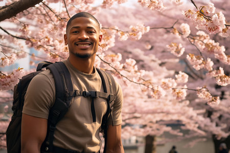 Generative AI Image of African Man Traveling to Japan with Cherry Blossom in Springの素材