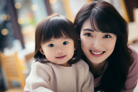 Generative AI Image of Mother and Little Girl Taking a Photo Together with Happy Expressionの素材