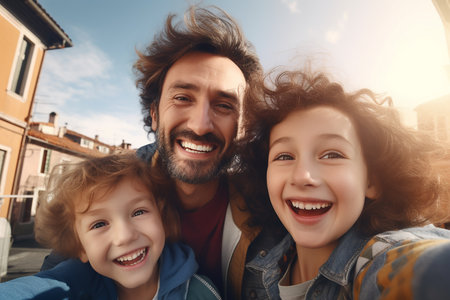 Generative AI Image of Father and Children Taking a Photo Together with Happy Expressionの素材
