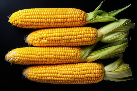 Generative AI Image of Yellow Sweet Corns on Black Backgroundの素材
