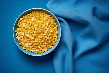 Generative AI Image of Corn Kernels in Bowl with Cloth on Blue Backgroundの素材