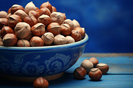Generative AI Image of Hazelnuts in a Bowl on Blue Backgroundの素材