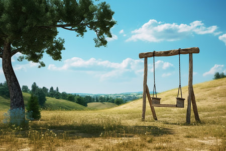 Generative AI Image of Wooden Swing in the Park with Nature Landscapeの素材