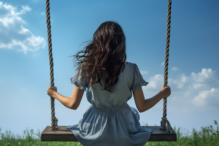 Generative AI Image of Woman Sitting on a Swing in Meadow on Sunny Dayの素材