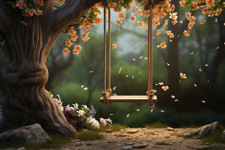 Generative AI Image of Wooden Swing in the Park with Floral in Springの素材