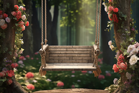 Generative AI Image of Wooden Swing in the Park with Pink Floral in Springの素材